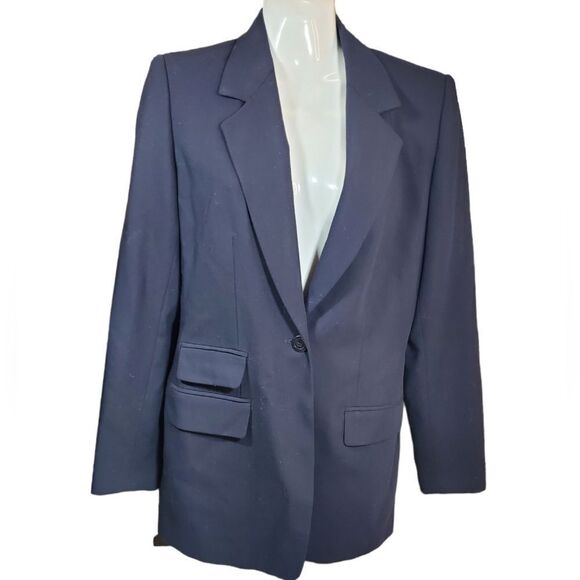 LIZ CLAIBORNE one-button blue wool blazer 4 - Picture 2 of 11